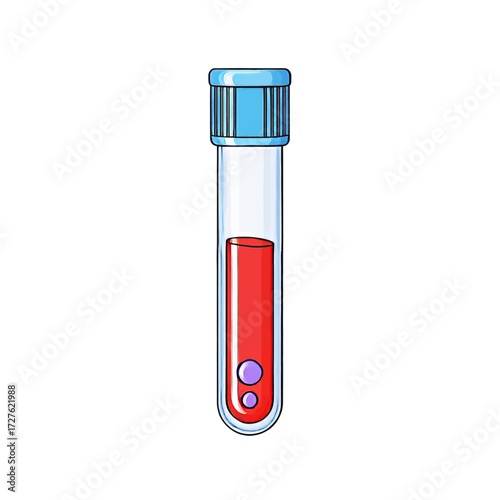 Cartoon illustration of a medical test tube containing a blood sample with a blue cap, used for laboratory analysis.