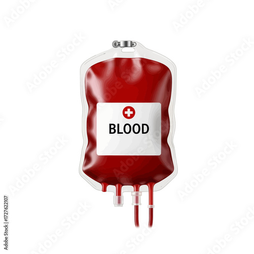 A medical blood bag filled with red liquid for donation or transfusion, isolated against a clean white background.
