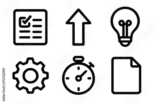 Productivity Icon Set. Productivity icons in outline style: checklist box, upward arrow, lightbulb, gear, stopwatch, file