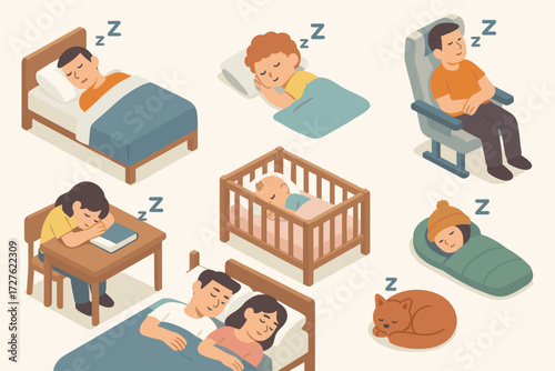 Sleeping Situations Icons. Situations set icons in modern isometric flat : person sleeping in bed, child napping, traveler sleeping on plane, student