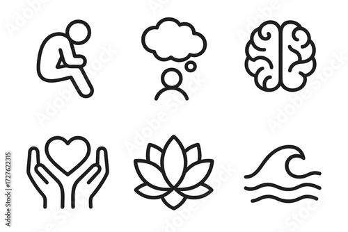 Mental Health Icons. Mental health icons in outline style: sad slump, thought cloud, brain, heart in hands, lotus flower, calm wave