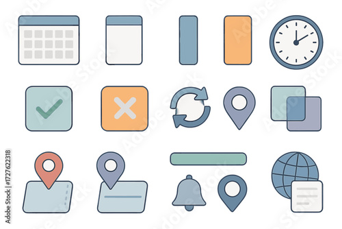 Calendar Icon Set. Calendar scheduling set icons in modern isometric flat : calendar grid, day square, time slot block, highlighted slot, available