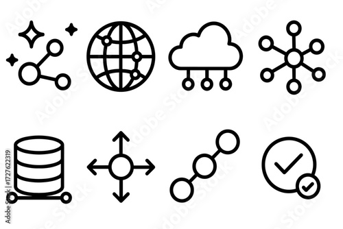 Network Icons Collection. Symbols icons in outline style: node with sparkles, globe with nodes, cloud with connections, star-shaped network, database