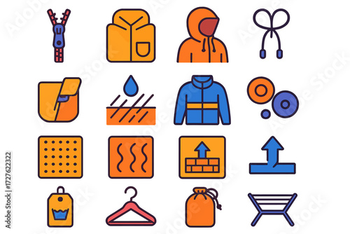 Minimalist Gear Icons. Practical gear in modern flat vector : zipper, pocket, hood, drawstring, velcro strap, waterproof seams, reflective stripes,