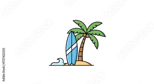 Tropical palm tree with blue surfboard and wave illustration.
