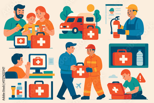 Versatile Emergency Kits. Situations in modern flat vector : family preparing kit, camper with kit, worker at safety drill, student learning about kit