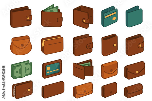 Wallet Icons Collection. Wallet types set icons in modern isometric flat : leather wallet, bi-fold wallet, tri-fold wallet, card holder, coin pouch,