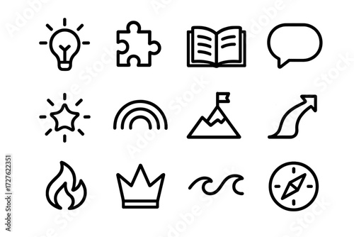 Storytelling Process Icons. Creative storytelling process icons in outline style: lightbulb idea, puzzle piece, open book, dialogue bubble, glowing