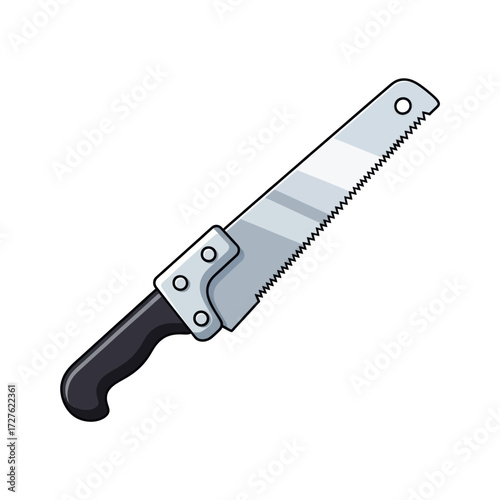 A simple illustration of a hand saw with a black handle and a silver blade with sharp teeth.