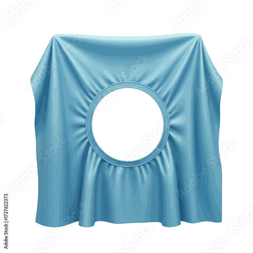 Draped light blue fabric with a circular hole in the center, creating a round frame on a white background.