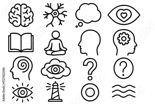 Human Mind Icons. Human mind icons in outline style: brain, neurons, thought bubble, empathy eyes, open book, meditation figure, head profile, gears