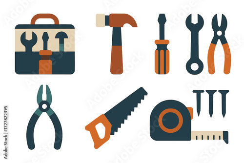 Tool Icons. Workshop tools set of icons in abstract flat : tool set, hammer, wrench, screwdriver, pliers, saw, tape measure, nails.