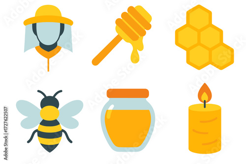 Modern Honey Icons. Honey production in modern flat vector : beekeeper, honey dipper, comb, jar, bee, wax candle