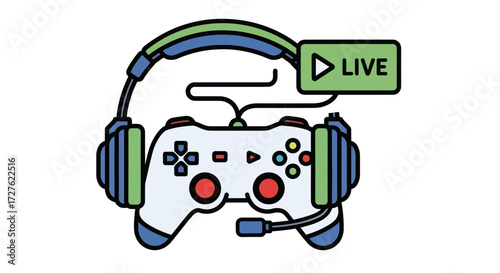 Illustrated Gaming Controller with Headset and Live Stream Icon.