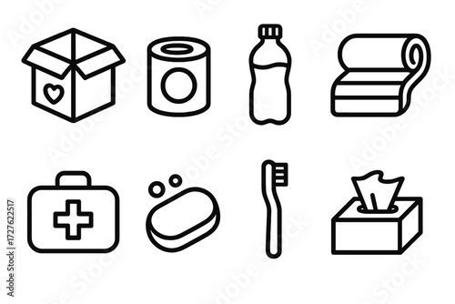 Essentials Icon Set. Essentials box icons in outline style: care package, canned food, water bottle, blanket, first aid kit, soap, toothbrush, tissue