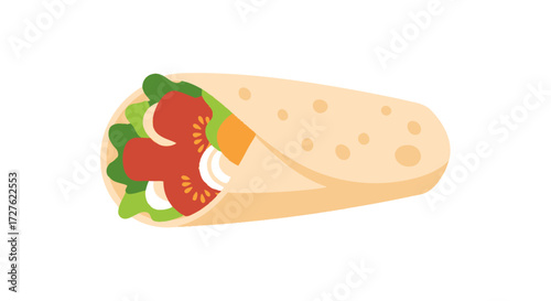 A fresh tortilla wrap or burrito filled with lettuce tomatoes and onions depicted in a flat vector illustration style.