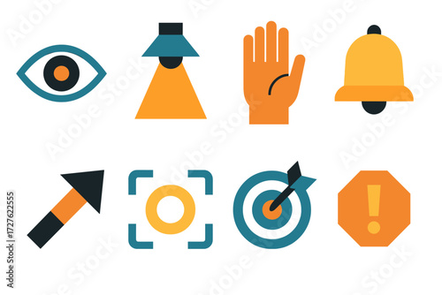 Attention Icons. Attention icons set of icons in abstract flat : eye focus, spotlight, hand raised, ringing bell, bold arrow, focus circle, target
