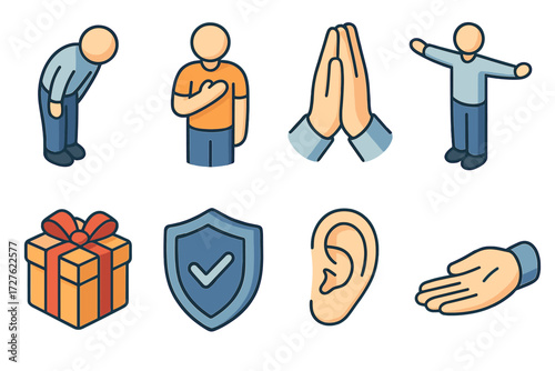 Respect Gesture Icons. Respect gestures set icons in modern isometric flat : bowing figure, hand over heart, greeting palms together, open arms, gift