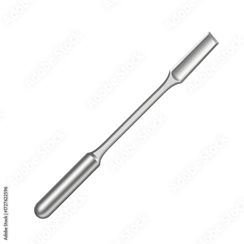 Silver metallic laboratory spatula with a flat end and a rounded end, a versatile tool for scooping and mixing substances in scientific settings.