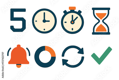 Countdown Icons Collection. Classic countdown icons set of icons in abstract flat : digital numbers, analog clock, stopwatch, sand hourglass, alarm