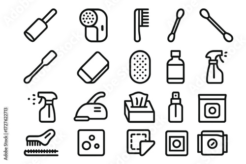Quick Fix Icons. Quick fixes icons in outline style: lint roller, fabric shaver, small brush, cotton swab, toothbrush, eraser, cleaning pad, polish