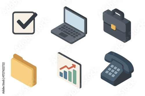 Isometric Office Icons. Office tools set icons in modern isometric flat : checkbox, laptop, briefcase, folder, chart, phone