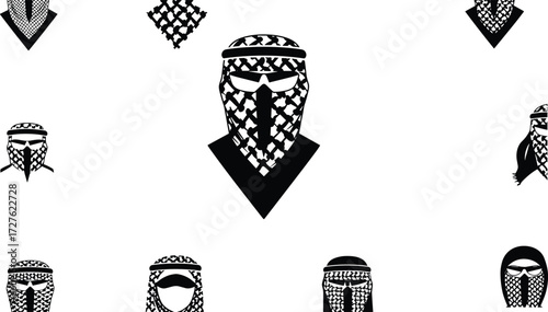 Middle Eastern Keffiyeh Portraits in Black and White Featuring Traditional Headscarves, Sunglasses, Cultural Identity, and Pattern Variations in Minimalist Style