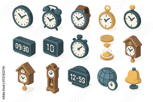 Isometric Clock Icons. Basic clocks set icons in modern isometric flat : wall clock, alarm clock, wristwatch, pocket watch, digital clock, countdown