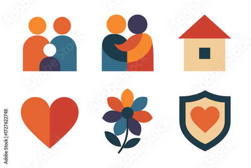 Family Unity Icons. Family unity set of icons in abstract flat : parents with child, hug figures, home icon, heart, flower, shield