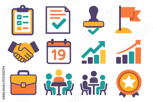 Business Agreement Icons. Agreement nod in modern flat vector : clipboard with check, checklist, contract paper, approval stamp, milestone flag,