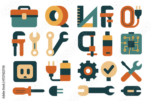 Tool Icons. Tools & utilities set of icons in abstract flat : toolbox, tape roll, ruler, measuring stick, pipe wrench, spanner, clamp, cable, plug