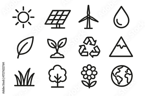 Eco Icons Collection. Environment electric vehicle icons in outline style: radiant sun, solar panel, wind turbine, water droplet, eco leaf, sprout,