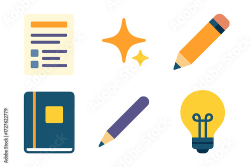 Minimalist Project Icons. Creative layout in modern flat vector : project brief, paper sheet, sparkle, pencil, notebook, lightbulb