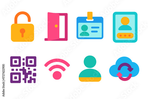 Access Granted Icons. Access granted in modern flat vector : unlock symbol, open door, ID card, login screen, QR code, wifi signal, user avatar, cloud