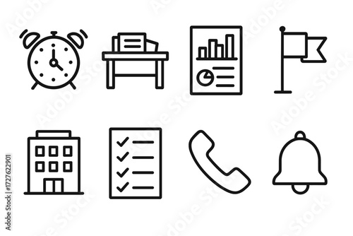 Work Obligation Icons. Work obligation visuals icons in outline style: ringing alarm, desk with papers, report chart, priority flag, office building,