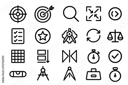 Accuracy Concept Icons. Accuracy concepts icons in outline style: target icon, bullseye, magnifying glass, zoom arrows, checklist, precision star,