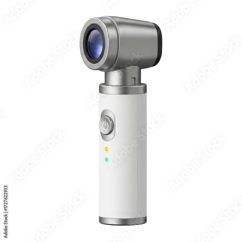 A white and silver digital otoscope with a lens at the top and a power button on the side.