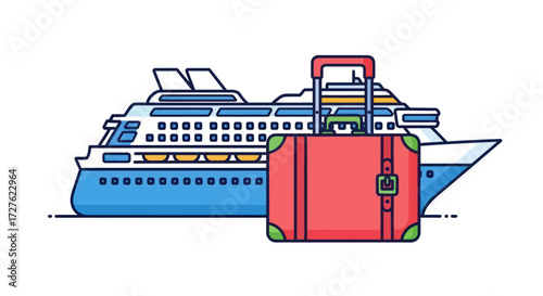 Large cruise ship and red travel suitcase flat line illustration.