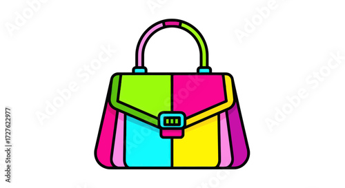 Colorful Handbag with Multiple Compartments and Buckle Closure.