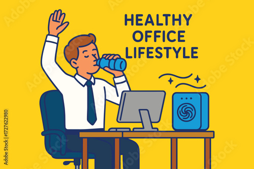 Man drinking water at desk promoting healthy office lifestyle and hydration