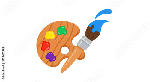 Wooden Artists Palette with Colorful Paints and Brush.