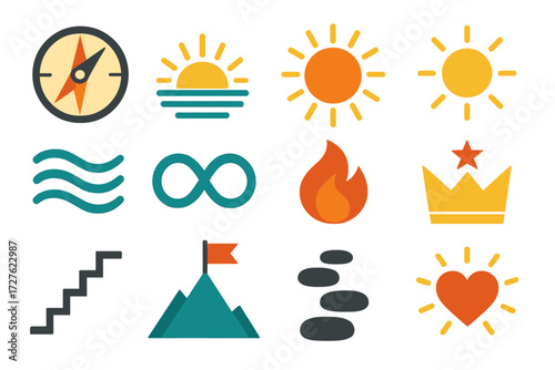 Symbolic Icon Collection. Symbolic touchpoint set of icons in abstract flat : guiding compass, sunrise horizon, radiant sun, glowing aura, harmony