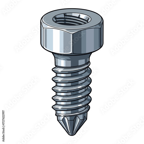 A detailed vector illustration of a metal hex head screw with an internal socket drive and a self-tapping point.