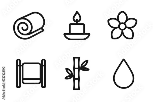 Spa Icons Collection. Spa setting icons in outline style: rolled towel, candle, flower, towel rack, bamboo, water droplet