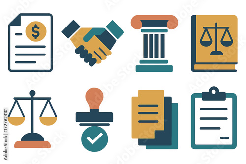 Agreement Icons. Agreement icons set of icons in abstract flat : loan paper, handshake, justice column, law book, scale balance, stamp approved,