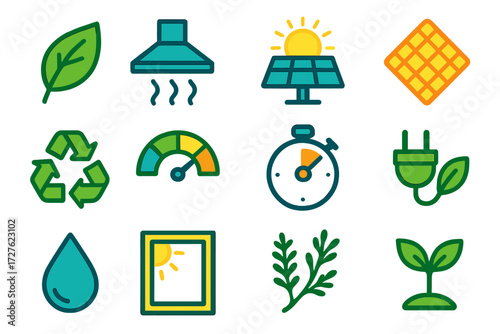 Sustainable Kitchen Icons. Eco-friendly kitchen ventilation in modern flat vector : eco leaf, airflow icon, solar panel, reusable filter, recycling