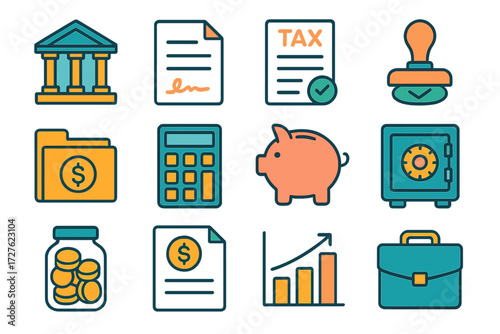 Modern Banking Icons. Banking tools in modern flat vector : bank building, contract paper, tax form, approval stamp, folder with dollar, calculator,