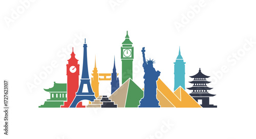 Colorful World Landmarks Silhouette: Eiffel Tower Big Ben Statue of Liberty Pyramids and More.