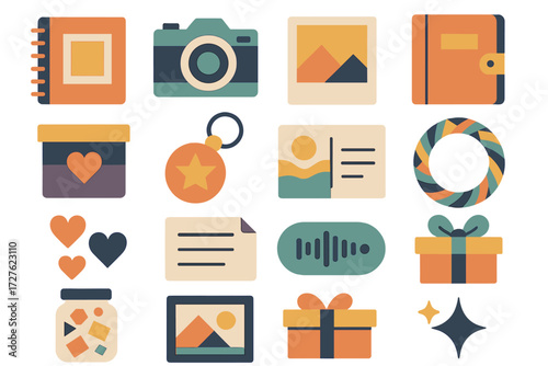 Memories Icon Set. Memories set of icons in abstract flat : scrapbook, photo camera, polaroid picture, diary, keepsake box, souvenir keychain,