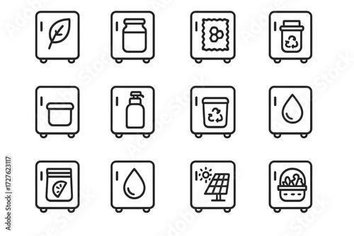 Eco Fridge Icons. Eco-friendly mini fridge icons in outline style: eco leaf, glass jar, beeswax wrap, bamboo lid container, refill bottle, compost